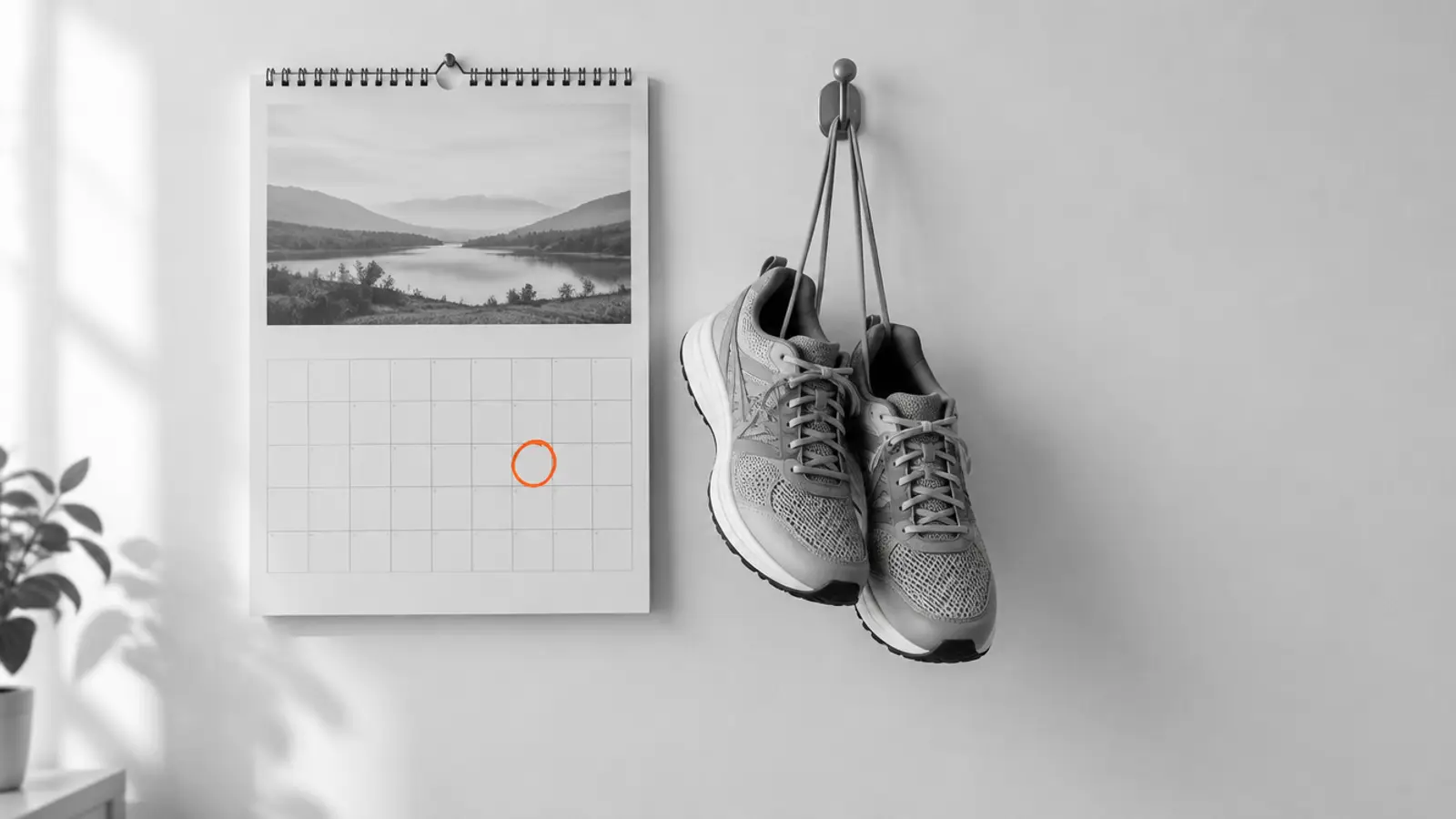 Wall calendar with a race date circled next to running shoes