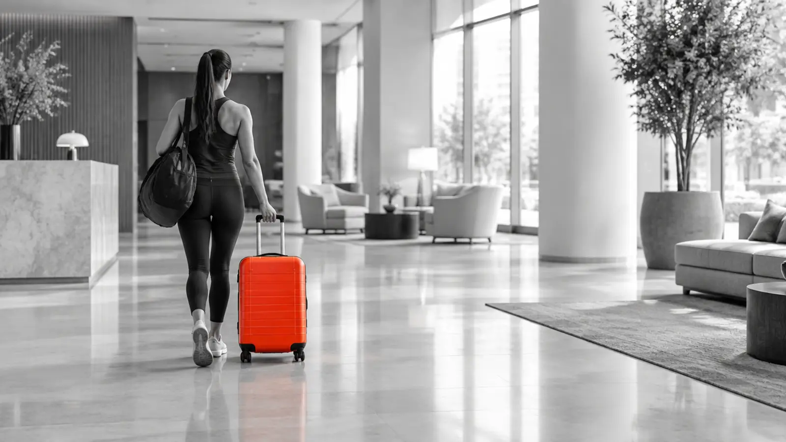 Athlete with a suitcase and gym bag arriving at a hotel